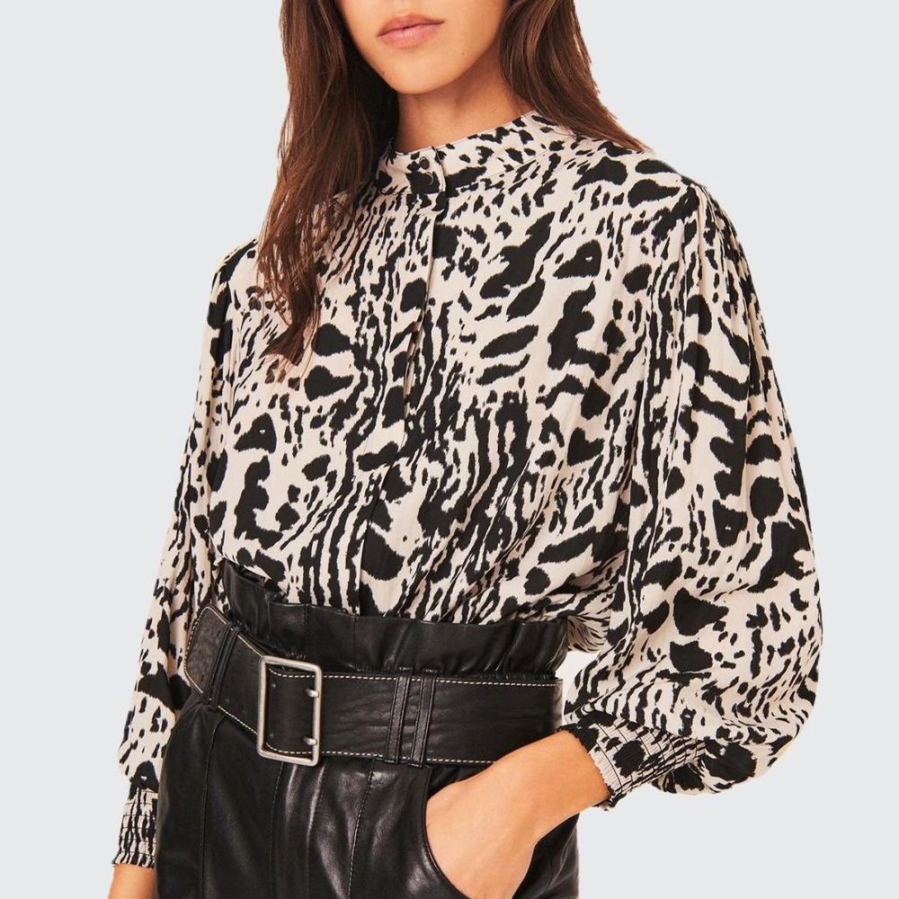 ba&sh Opus Top Black White Animal Print Mock Neck Blouse Balloon Puff Sleeve